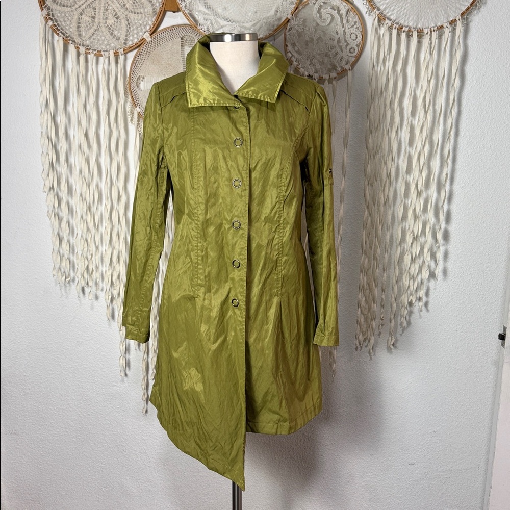 Stella Carakasi  Chartreuse Asymmetric Hemline Snap Front Trench Coat Size M